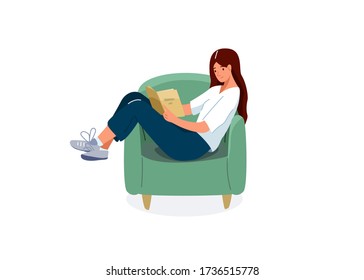 Read book vector illustration. Girl reading books in comfortable pose in green chair. Student female study knowledge. Cute readers, style flat literature with person.