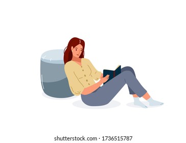 Read book vector illustration. Girl reading books in comfortable pose lean on the grey pouf. Student female study knowledge. Cute readers, style flat literature with person.