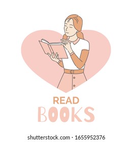 Leer libros plantilla de diseño de banner con espacio de texto. Joven leyendo en la frontera en forma de corazón y sosteniendo un dibujo de caricatura. Concepto inteligente e intelectual vectorial.