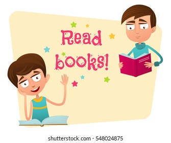 Read books! Banner. Two teenage boy with books.