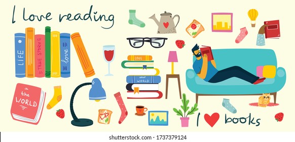 Read books collage. Man reading book on a sofa, bookshelf, book pile, love reading handwritten phrase. Set of decorative vector design elements.