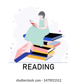 Read books concept. Girl sitting on a pile of books. Note reading. Vector illustration