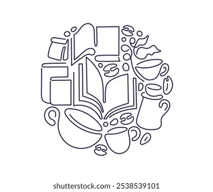 Read books, drink coffee, cup of tea. Vector aesthetic line symbol for bookish print. Cafe shop, coworking space. Library for education. Abstract design. Editable stroke