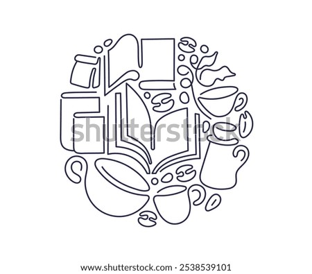 Read books, drink coffee, cup of tea. Vector aesthetic line symbol for bookish print. Cafe shop, coworking space. Library for education. Abstract design. Editable stroke