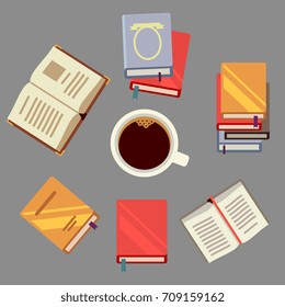 Read books and drink coffee - students concept with books and cup of coffee. Work paper on table. Vector illustration
