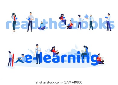 Read the books and e-learning. Vector illustration concepts for graphic and web design, marketing material, business presentation templates, online education, book store and library, e-book.