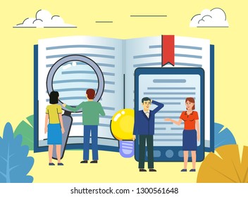 Read books, e-reader, education concept. People stand near big book, electronic reading device. Poster for social media, web page, banner, presentation. Flat design vector illustration