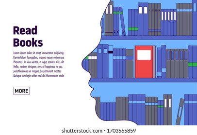Read the books. Face silhouette, double exposure. Education concept, book lovers. Template for literature event concept or Book festival. Vector illustration