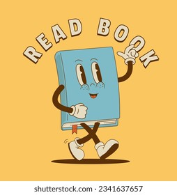 Read books festival, bookcrossing, bookstore sale, ad poster in Retro cartoon style. Vintage bookshop mascot vector illustration. Library enent, edication, back to school. World book day