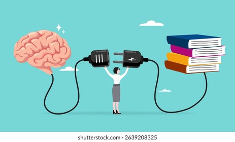 read books to learn new lessons, literature or intelligence information, improve literacy and numeracy skills, woman connect plug with stack of book with human brain concept vector illustration