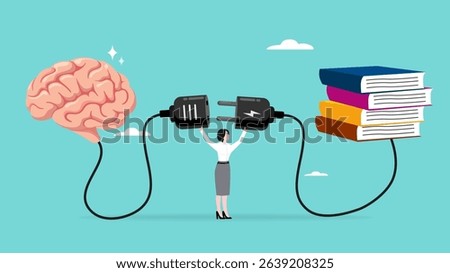 read books to learn new lessons, literature or intelligence information, improve literacy and numeracy skills, woman connect plug with stack of book with human brain concept vector illustration