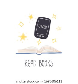 Leer libros con letras y lector electrónico con libros abiertos en papel y estrellas. Ilustración ligera de vector plano dibujada a mano sobre fondo aislado.
