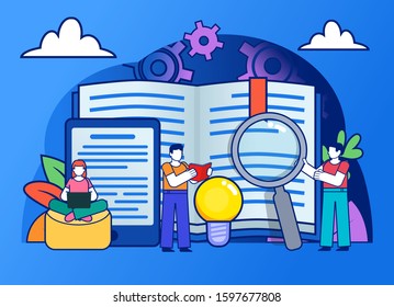 Read books live or online with e-reader. Small people stand near big book. Education, study concept. Poster for social media, web page, banner, presentation. Flat design vector illustration