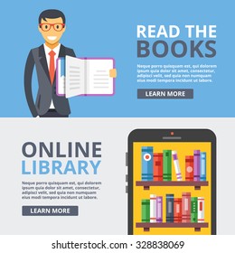 Read the books, online library flat illustration concepts set. Education, reading concept. Flat design concept for web banners, web sites, printed materials, infographics. Creative vector illustration