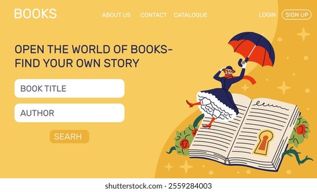 Read books online. Library's landing homepage. Fancy idea of reading. Literary festival. Literature finding bar. Live characters from novels of students. Website design template. Vector background