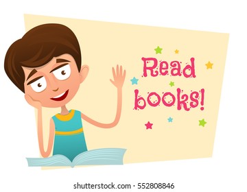 Read books. Smart boy sitting with an open book and waving.