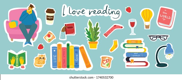 Read books stickers collage. Man reading book on a sofa, bookshelf, book pile, love reading handwritten phrase. Set of decorative vector design elements.