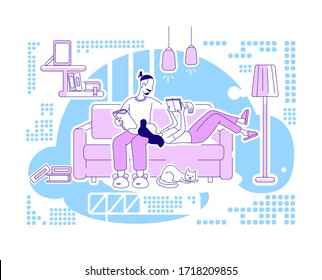 Read books together flat silhouette vector illustration. Leisure at home on weekend. Man and woman relax. Couple outline characters on blue background. Family recreation simple style drawing