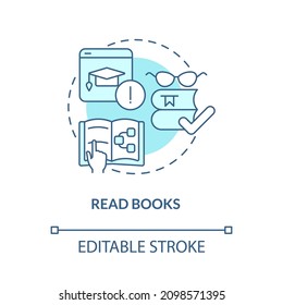 Read books turquoise concept icon. Class for developer career. Tutoring abstract idea thin line illustration. Isolated outline drawing. Editable stroke. Roboto-Medium, Myriad Pro-Bold fonts used