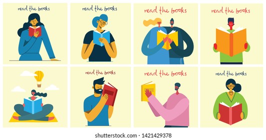 Read the books. Vector concept illustrations of World Book Day and Book festival in the flat style. People read the book