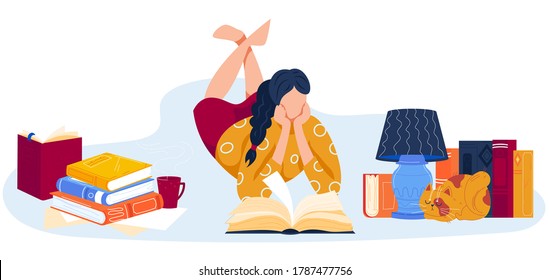 Read books vector illustration. Cartoon flat woman booklover character lying, young girl reader reading open storybook from stack of library paper books. Literature fan or lover isolated on white