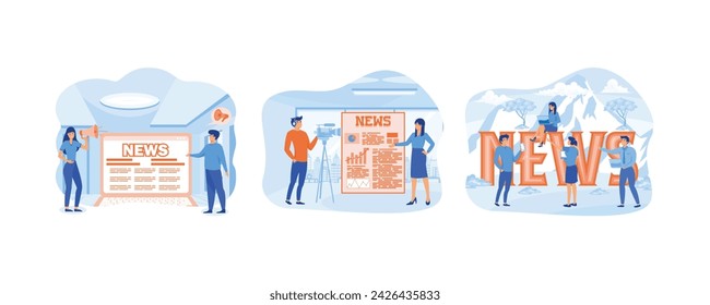 Read breaking news online using laptop. Breaking News reporter, Online breaking news. set flat vector modern illustration 