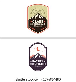 read brown cream white orange purple shield badge mountain tree arrow month star logo design concept vector suitable for nature travel adventure camping explore 
