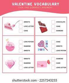Read and choose the correct answer. Valentine items vocabulary. Worksheet for preschool. Word test game for kids. Vector illustration file. 