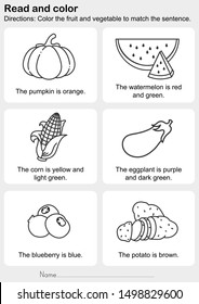 Read and color : Color the fruit and vegetable to match the sentence - worksheet for education