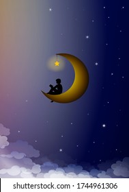 Read and dream concept, boy silhouette sitting on the moon and reading the book, read and imagine creative idea, vector