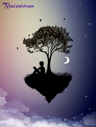 Read And Dream Concept, Piece Of Childhood On The Fairy Sky,  Boy  Silhouette Read The Book Under The Tree And Dream, Vector