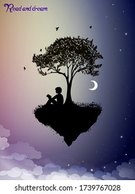 Read and dream concept, piece of childhood on the fairy sky,  boy  silhouette read the book under the tree and dream, vector
