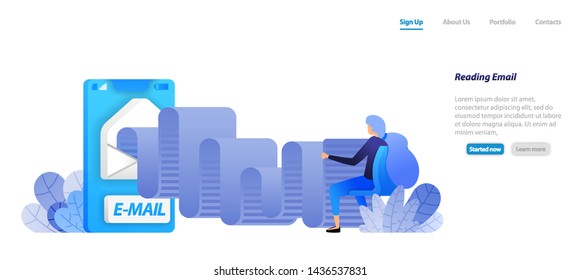 read email rolls. mobile mail apps with envelopes. women are sitting and reading modern communication. flat illustration concept for landing page, web, ui, banner, flyer, poster, template, background