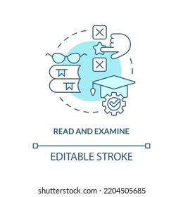 Read and examine turquoise concept icon. Analyzing facts. Structure of case study abstract idea thin line illustration. Isolated outline drawing. Editable stroke. Arial, Myriad Pro-Bold fonts used