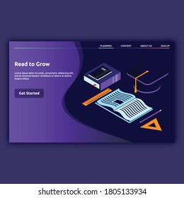 Read To Grow. Education landing page with 3d images. Isometric illustration design for education, learning, knowledge and more.