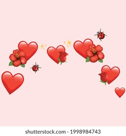 read hearts with bugs and flowers vector