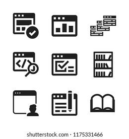 read icon. 9 read vector icons set. bookshelf with books, open book icon and browsers icons for web and design about read theme