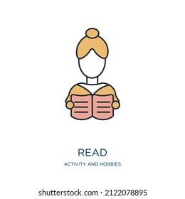 read icon from activity and hobbies collection. Thin outline read, education, school detailed offset lineal color icon isolated on white background. Line vector read sign, symbol for web and mobile