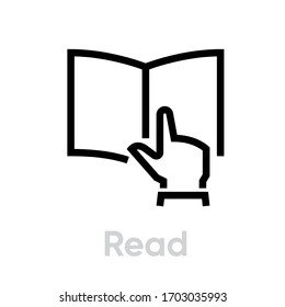 Read icon. Editable Vector Outline. Flat badge man hand keep open book. Single Pictogram.