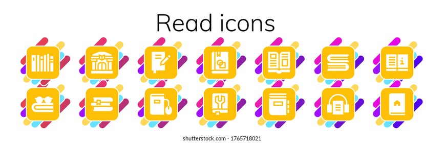 read icon set. 14 filled read icons. Included Books, Book, Library, Ebook, Manual, Magazine, Dictionary, Audiobook icons