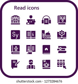  read icon set. 16 filled read icons. Simple modern icons about  - Library, Books, Audiobook, Book, Story, Manual, Ebook, Reading