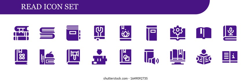 read icon set. 18 filled read icons. Included Books, Dictionary, Manual, Book, Ebook, Read icons