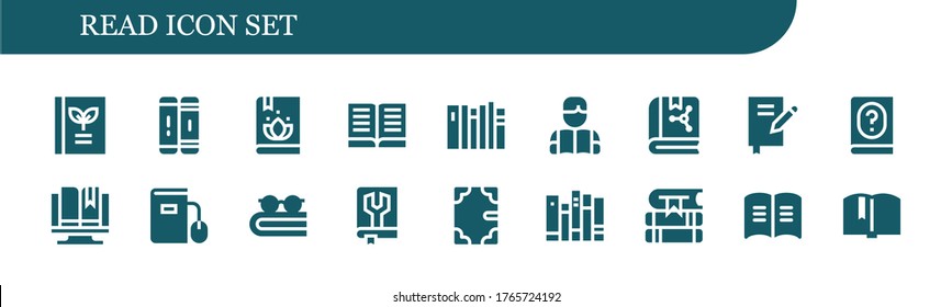 read icon set. 18 filled read icons.  Simple modern icons such as: Book, Library, Books, Reading, Manual, Ebook