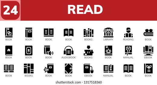 read icon set. 24 filled read icons.  Collection Of - Book, Books, Library, Reading, Audiobook, Manual, Ebook