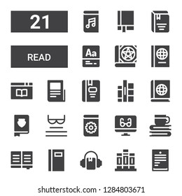 read icon set. Collection of 21 filled read icons included Text lines, Books, Audiobook, Book, Reading mode, Manual, Read, Vocabulary