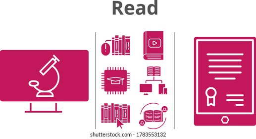 read icon set. included feedback, tablet, chip, books, e-book, book, microscope, school icons. filled styles.