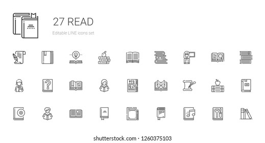 read icons set. Collection of read with audiobook, book, open book, reading, literature, guide, books, library, manual. Editable and scalable read icons.