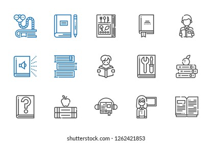 read icons set. Collection of read with open book, guide, audiobook, books, manual, reading, book, bookworm. Editable and scalable read icons.