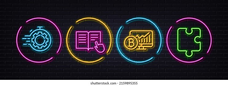 Read instruction, Bitcoin chart and Seo timer minimal line icons. Neon laser 3d lights. Puzzle icons. For web, application, printing. Opened book, Cryptocurrency statistics, Cogwheel. Vector