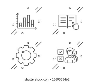 Read instruction, Diagram graph and Recovery gear line icons set. Opinion sign. Opened book, Presentation chart, Backup info. Choose answer. Education set. Line read instruction outline icon. Vector